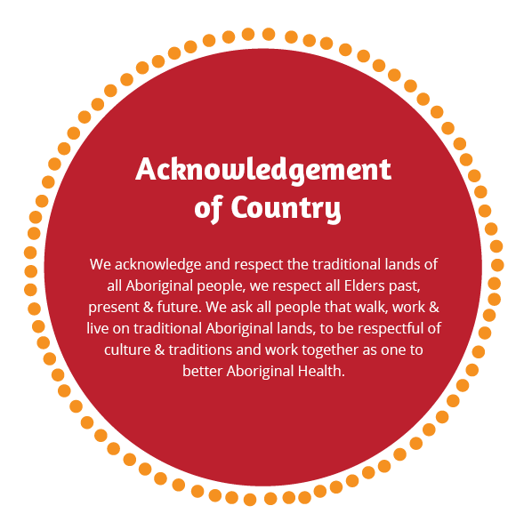 We acknowledge and respect the traditional lands of all Aboriginal people, we respect all Elders past, present & future. We ask all people that walk, work & live on traditional Aboriginal lands, to be respectful of culture & traditions and work together as one to better Aboriginal Health.
